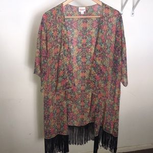 Lularoe multicolored Kimono Black fringe in Sz. L